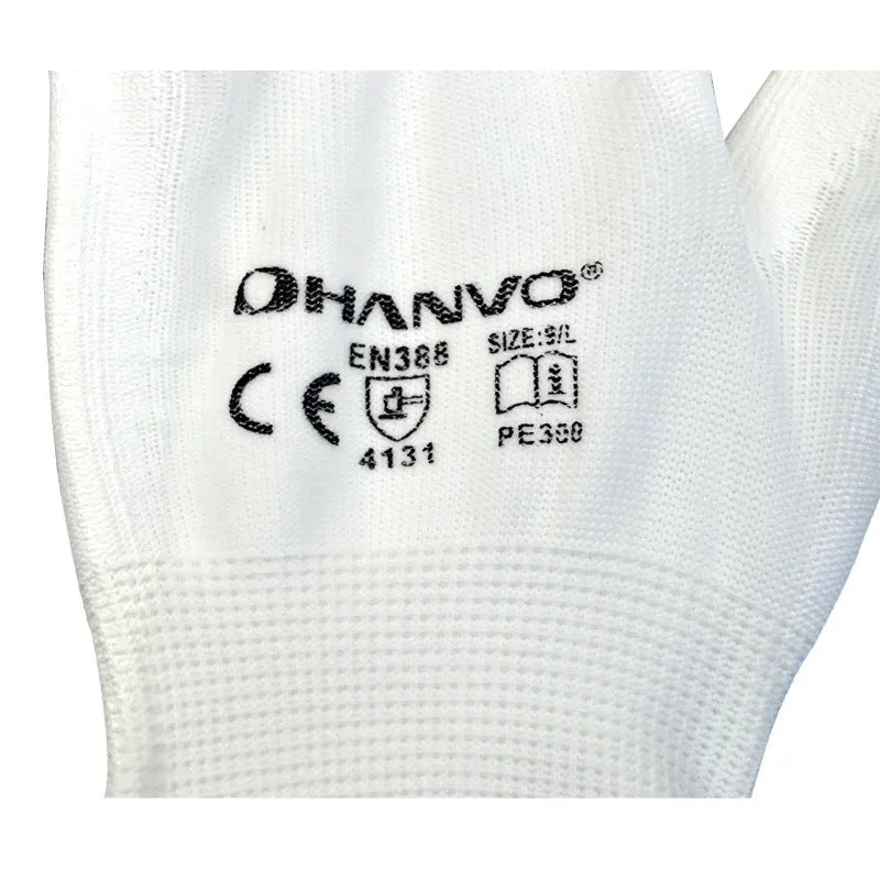 White PU coated labour gloves showing textured palm grip, medium and large sizes on a workbench.