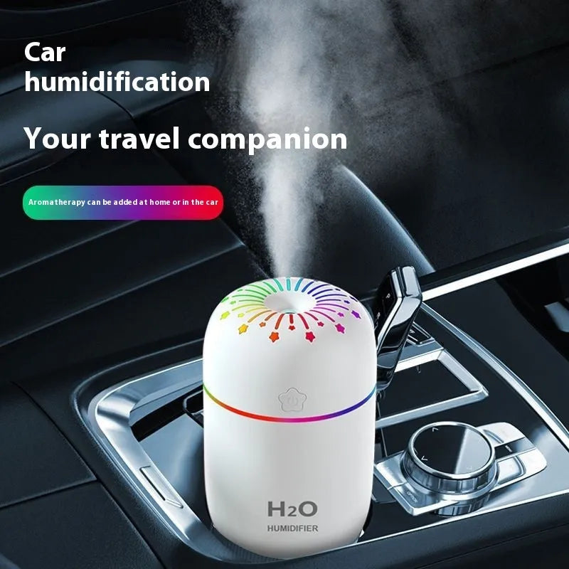 White pink or green mini USB humidifier with 300ml tank measuring 75x75x116mm