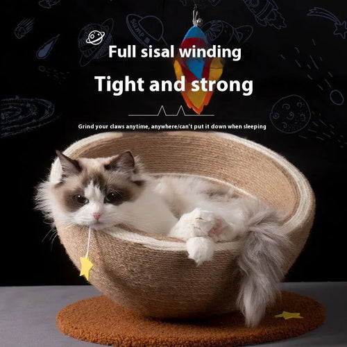Large cat scratching basin with sisal rope post and flannel-lined nest in starlight colour