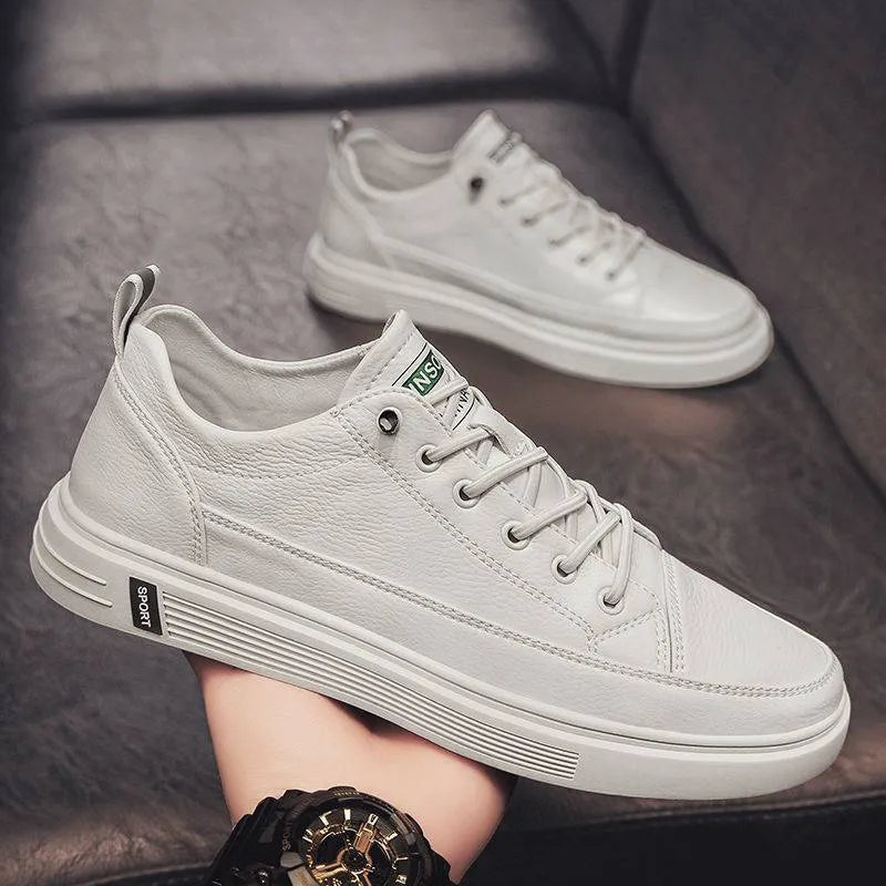 Men's casual PU leather shoes in beige, white, and black with flat sole and low heel