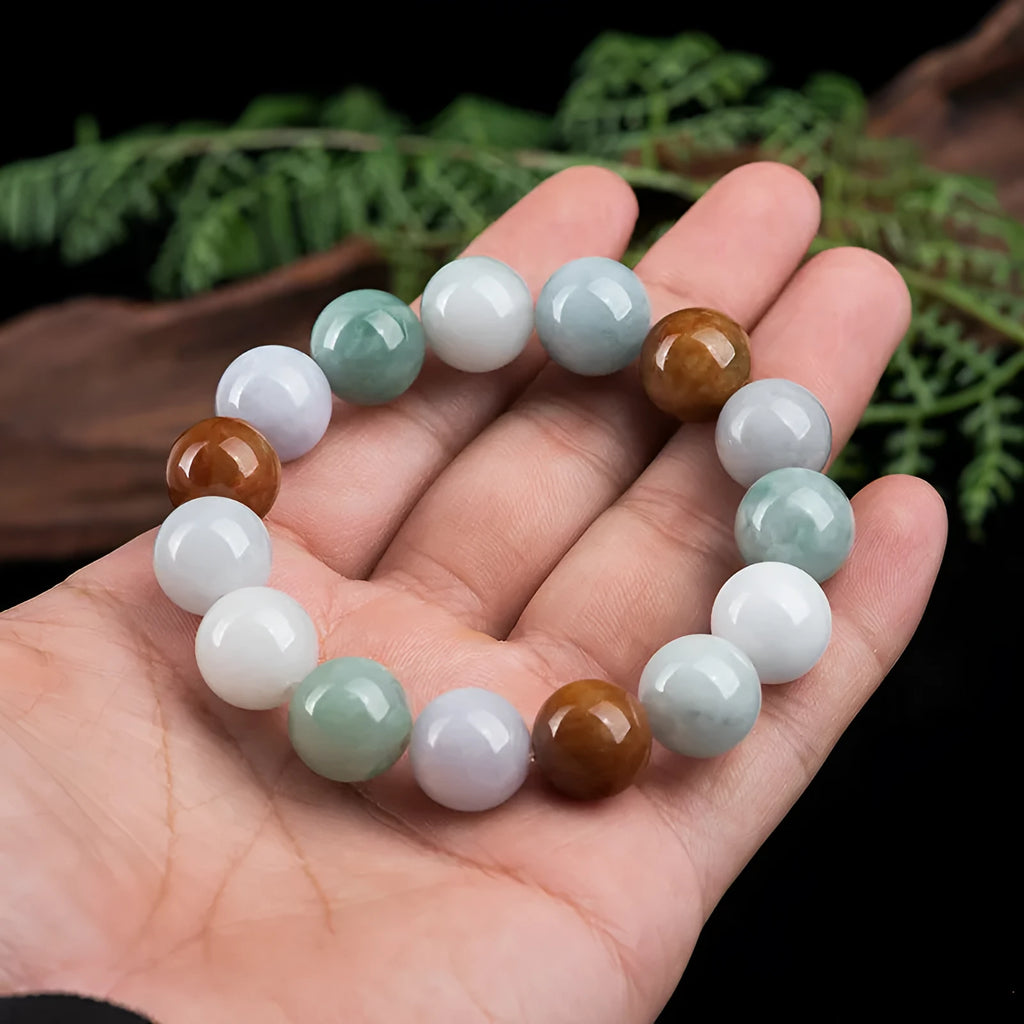 Women's Myanmar jade bracelet with three-colour 13mm round beads traditional style
