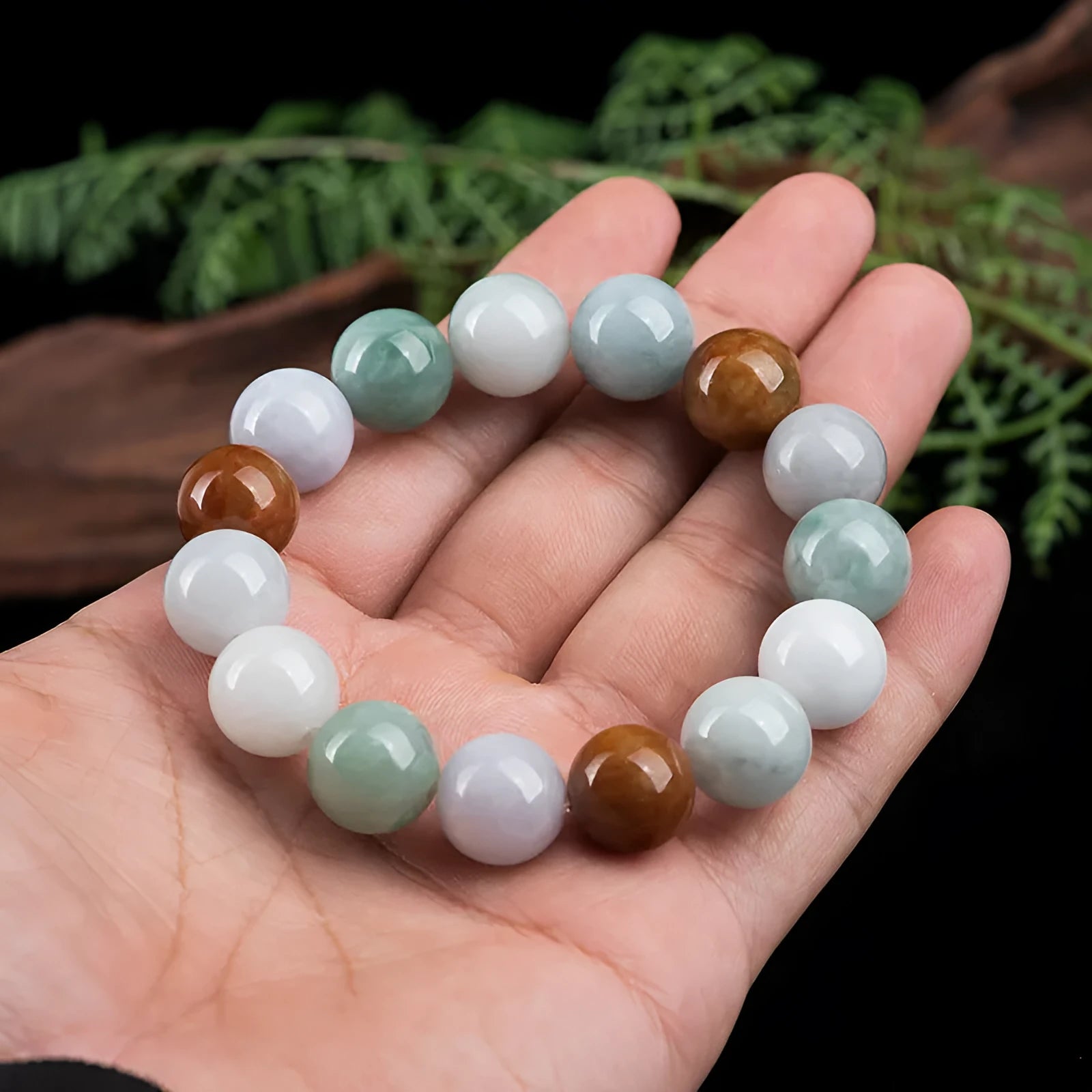 Women's Myanmar jade bracelet with three-colour 13mm round beads traditional style