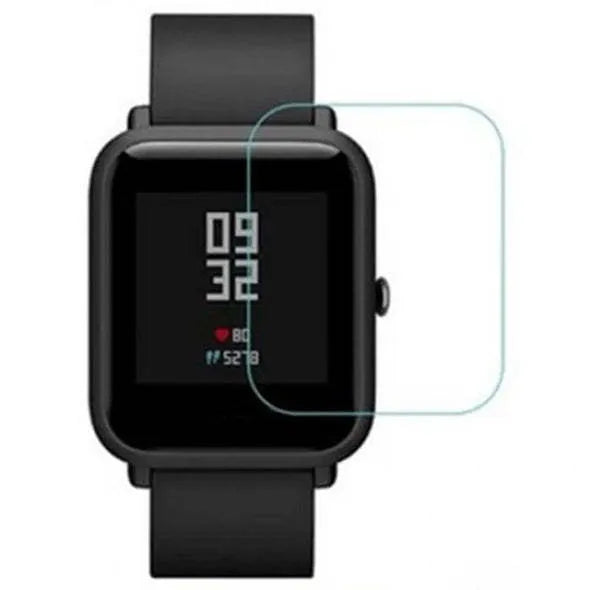 Clear hydrogel screen protection film for Amazfit Bip smartwatch showing anti-scratch properties.
