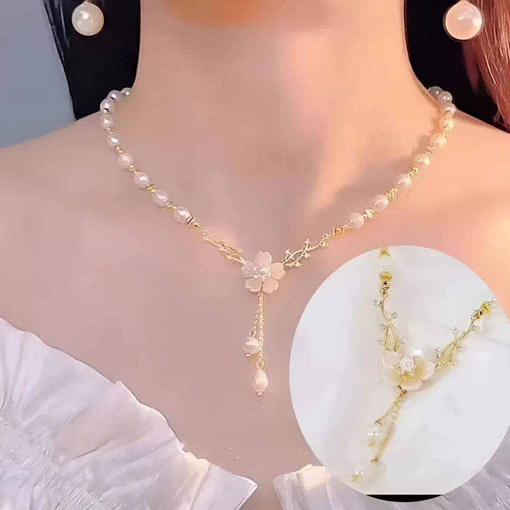Alloy pearl flower necklace with rose accents on model