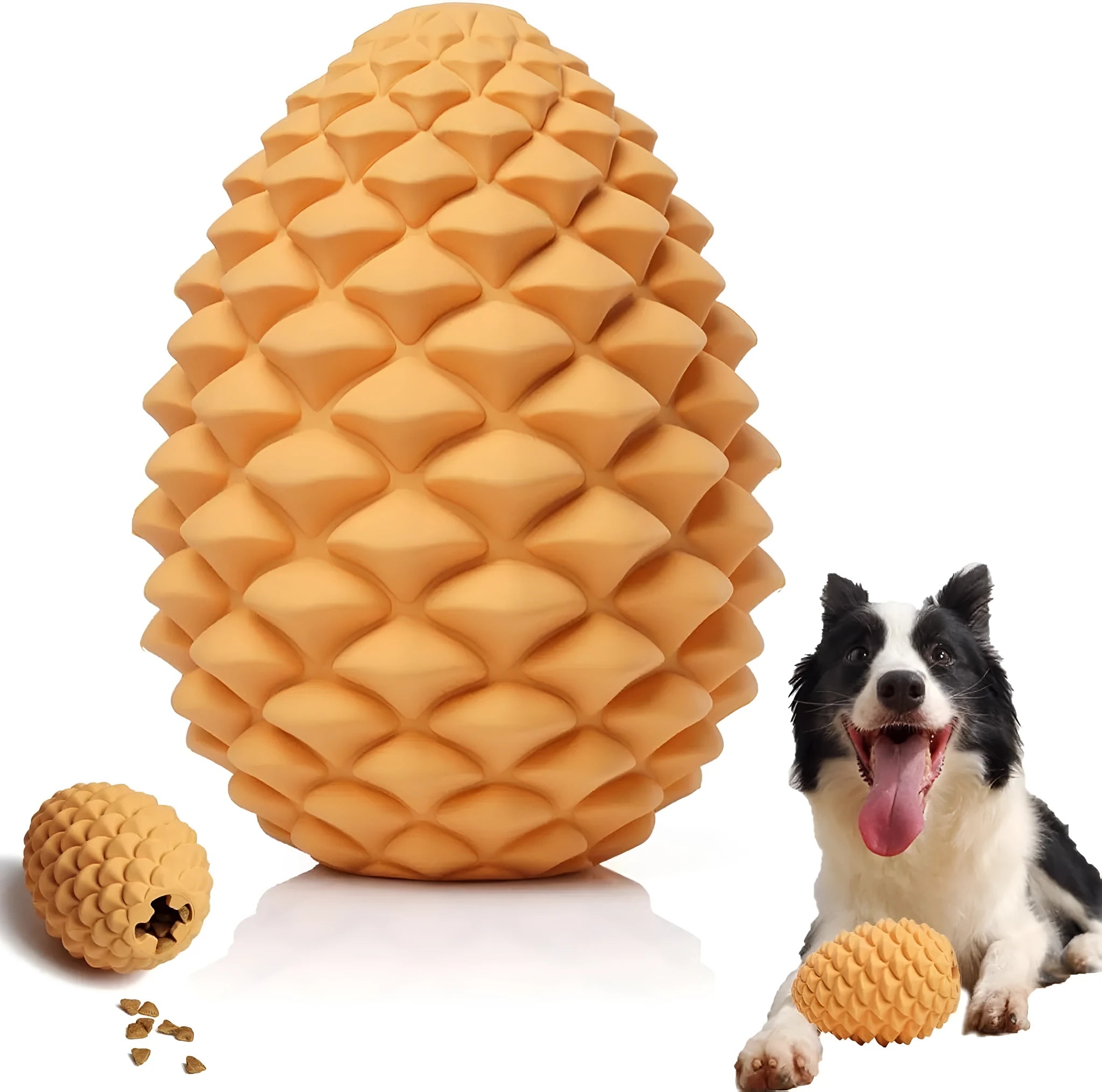 Yellow pine cone shaped natural rubber dog chew toy with textured surface and treat dispensing opening