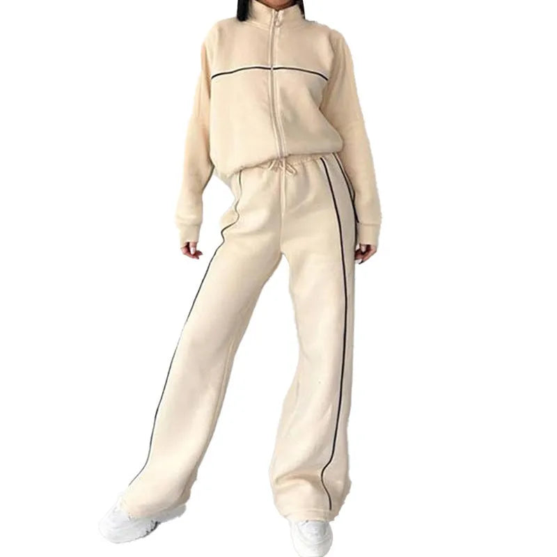 Casual two-piece suit set with a grey hoodie and striped lace-up trousers on a hanger