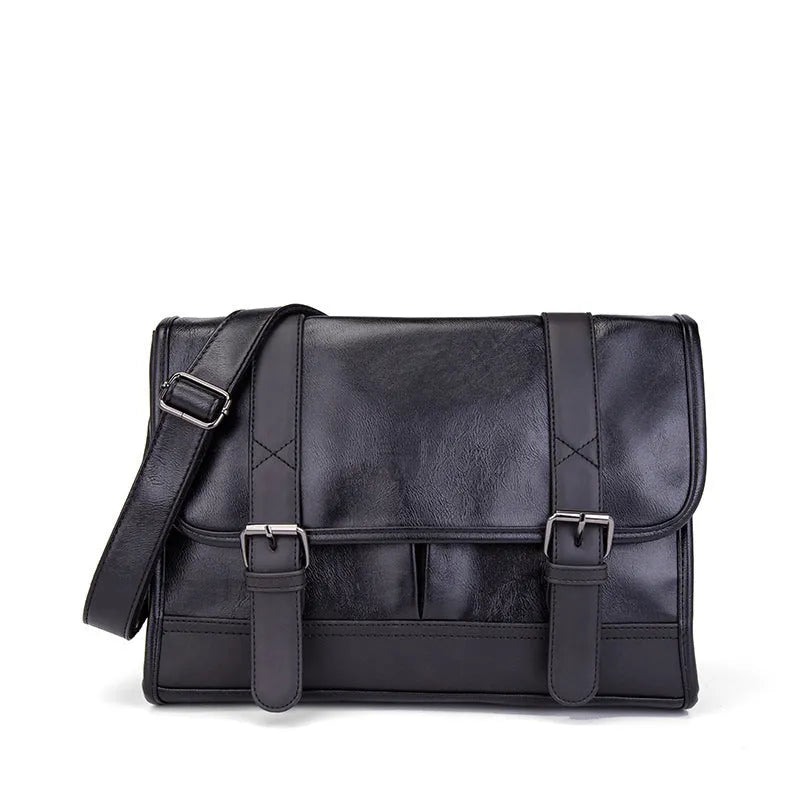 Black Korean style men's anti-theft commuter backpack with PU material and sewing thread design