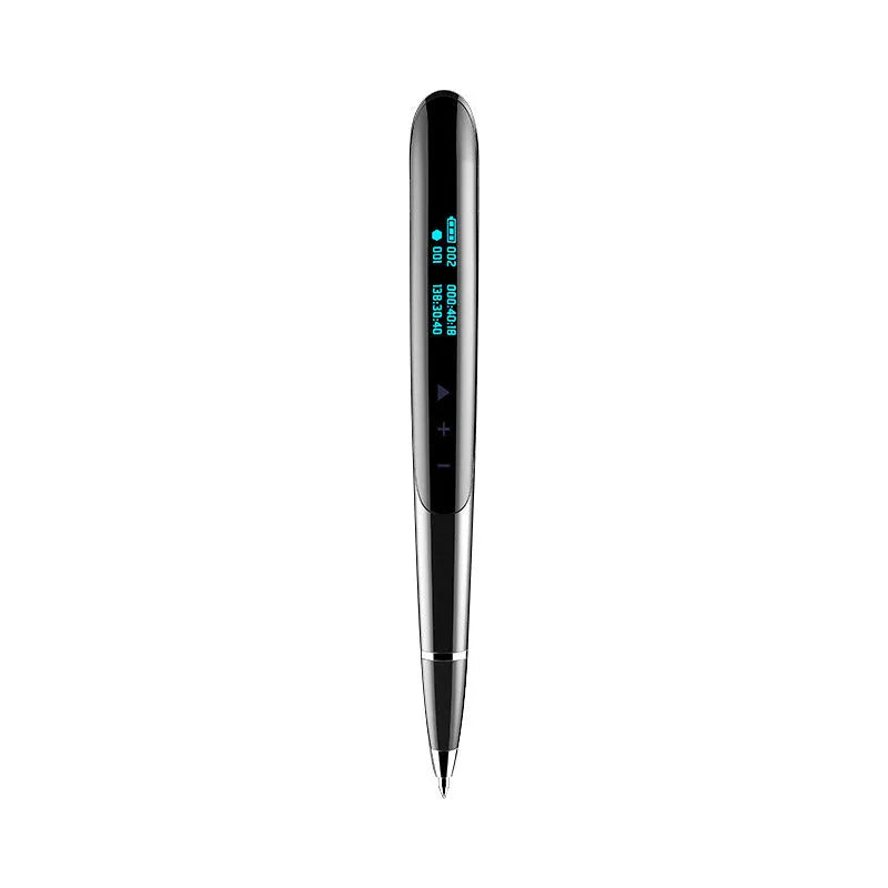 Black and silver recording pens with display screens, showing capacity options and included headphones and cable.