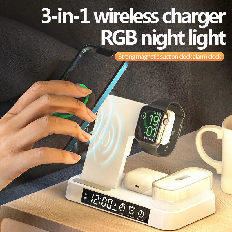 White foldable wireless charging station showing phone charging pad, watch charger, alarm clock display and RGB night light