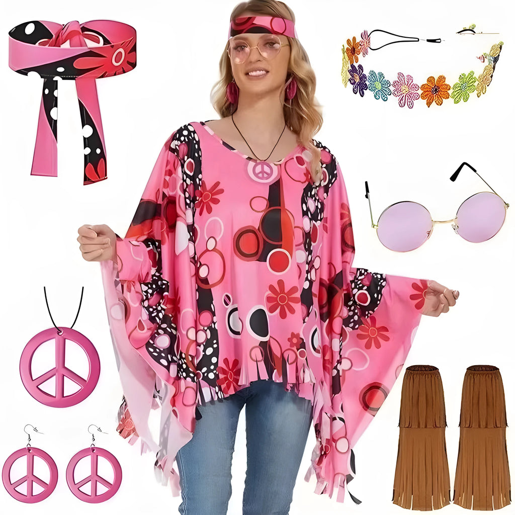 Tie dye cloak costume with bell sleeves in rainbow printed pattern spandex fabric