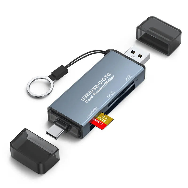 Compact aluminium alloy CF, SD, and TF three-in-one memory card reader with USB and TYPE-C cables.