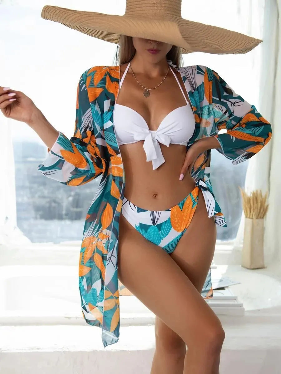 Women's three-piece mesh split bikini swimsuit set with long-sleeve coat in quick-drying polyester fabric