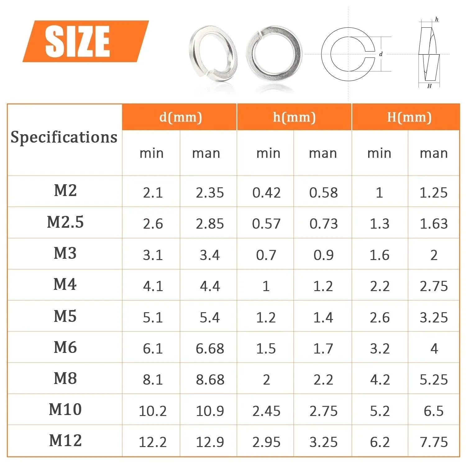 304 stainless steel spring lock washer combination box with 900 pieces for M2 to M12 applications