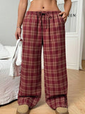 Women's blue plaid casual trousers with elasticated drawstring waist and side pockets