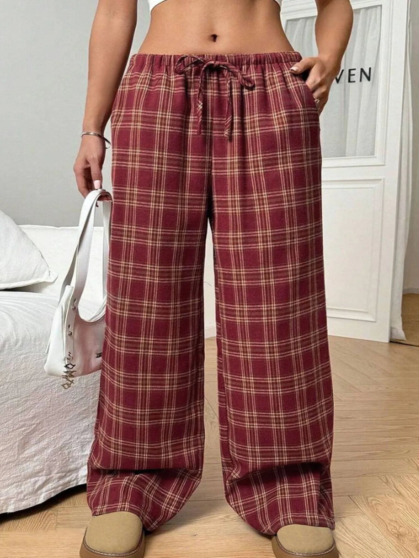 Women's blue plaid casual trousers with elasticated drawstring waist and side pockets