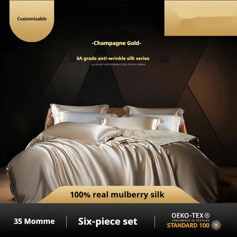 Solid colour silk four-piece quilt cover set shown in champagne gold colour