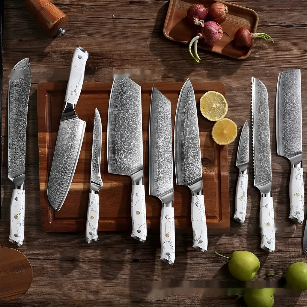 Damascus pattern chef's knife with 21cm VG10 steel blade and dark handle on a wooden surface.