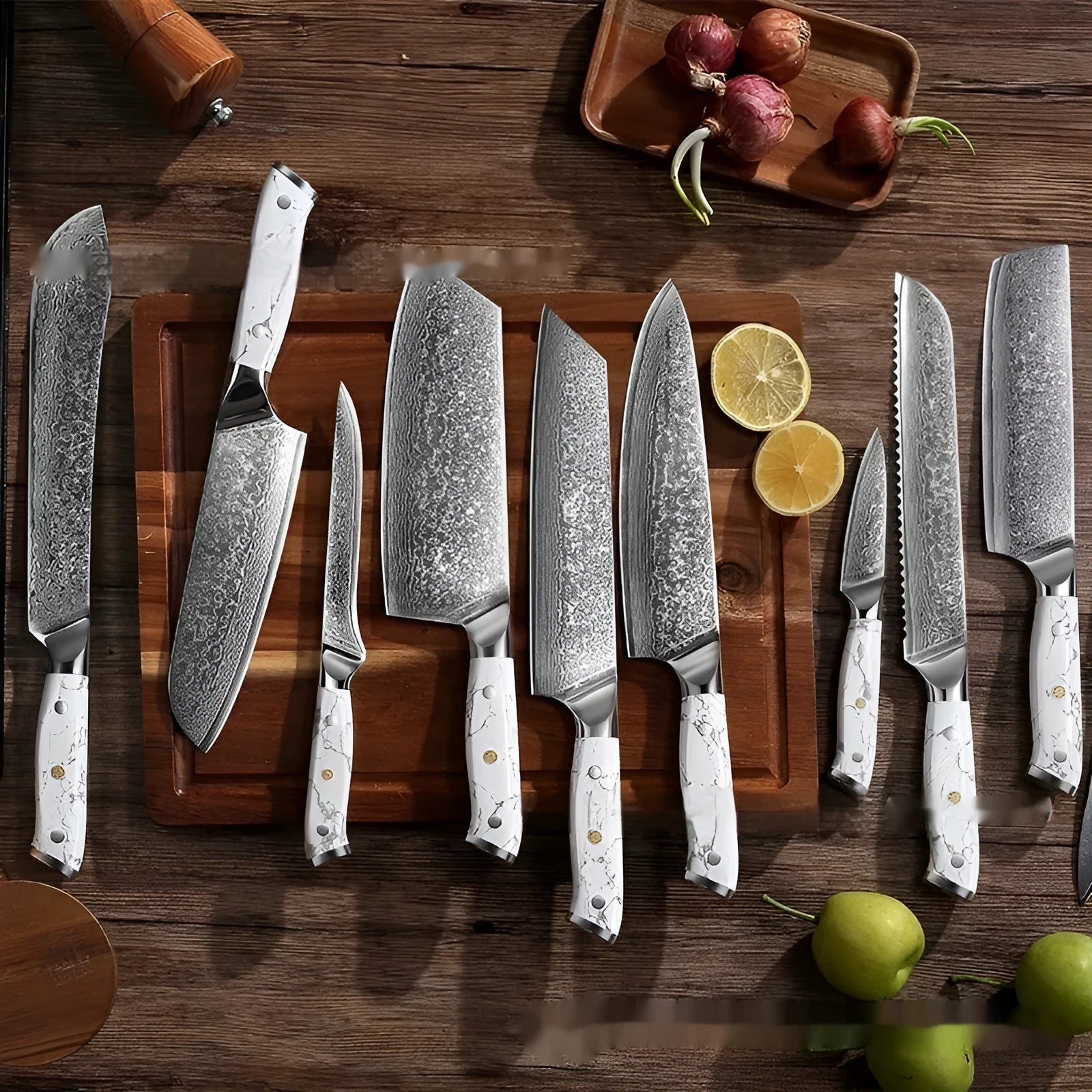 Damascus pattern chef's knife with 21cm VG10 steel blade and dark handle on a wooden surface.