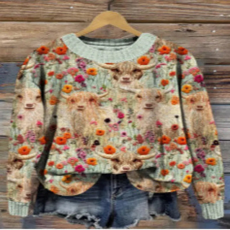 Little Flower digital printed round neck sweater in polyester, shown on a hanger.