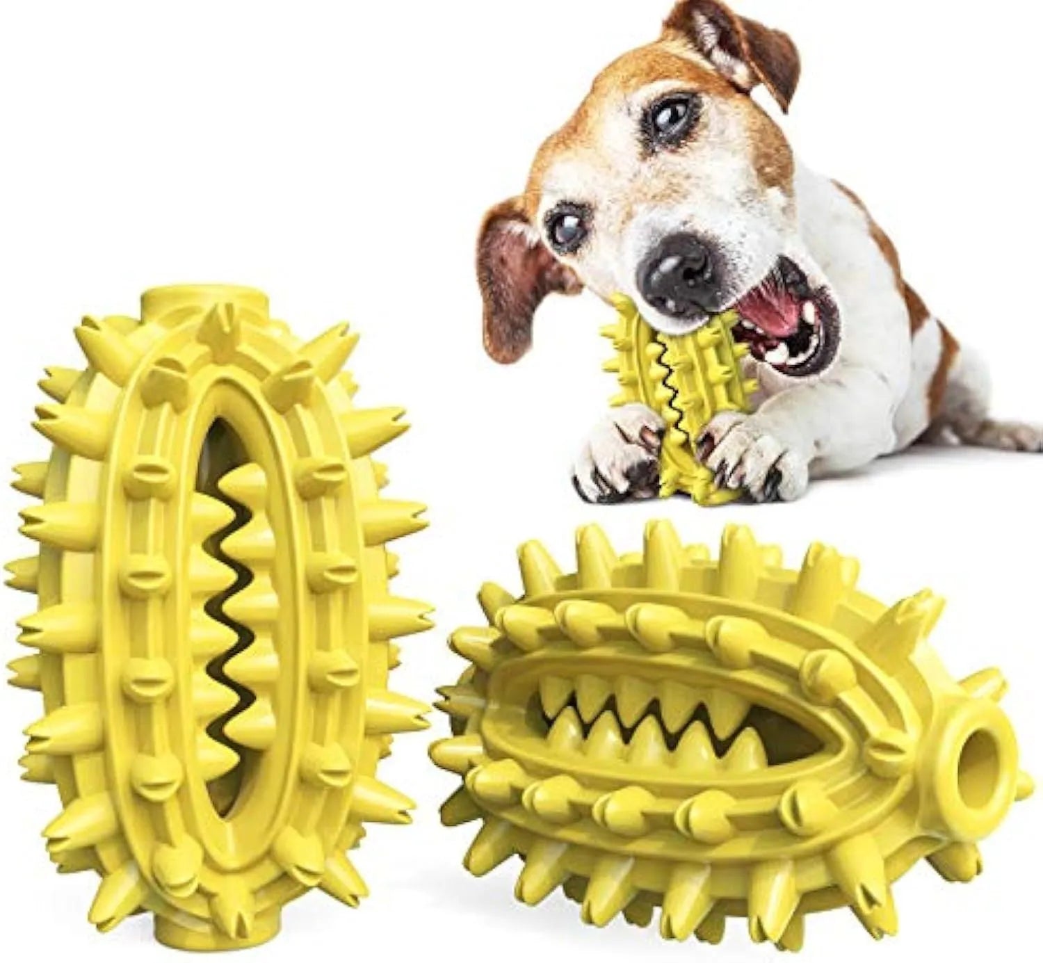 Green cactus-shaped dog chew toy with textured bumps and central food channel for dental cleaning