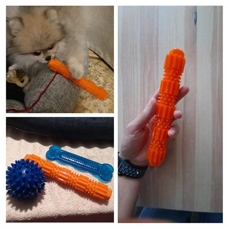 Green and orange durable rubber dog chew toy with treat-dispensing hole for aggressive chewers.