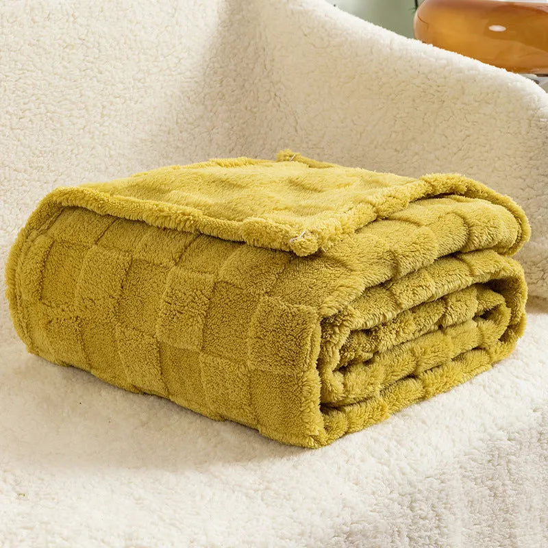 Geometric patterned polyester blanket in milky white showing cotton velvet texture and thickened construction