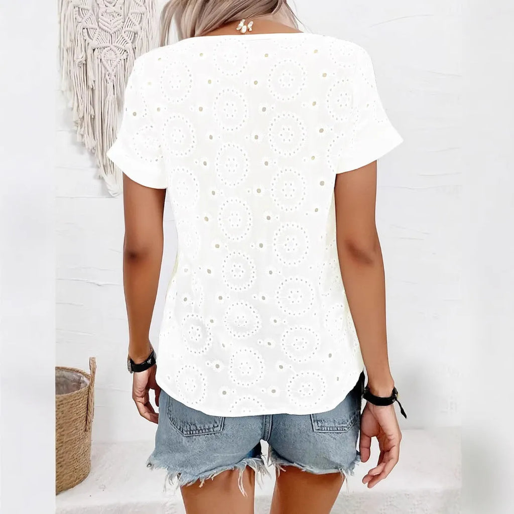 White women's loose V-neck T-shirt with hollow French elegant design detail on short sleeves