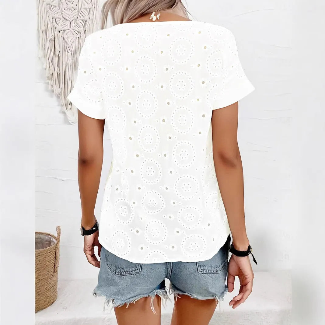 White women's loose V-neck T-shirt with hollow French elegant design detail on short sleeves