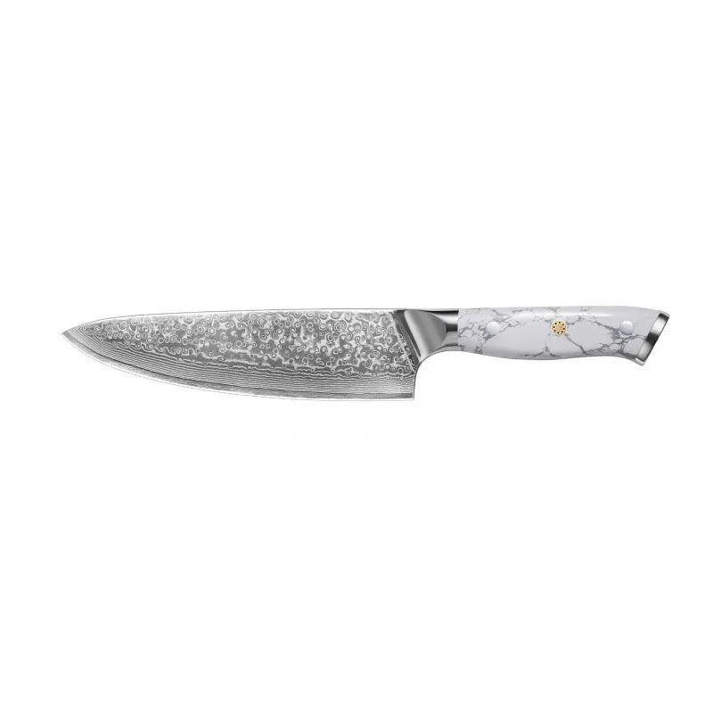 Damascus pattern chef's knife with 21cm VG10 steel blade and dark handle on a wooden surface.
