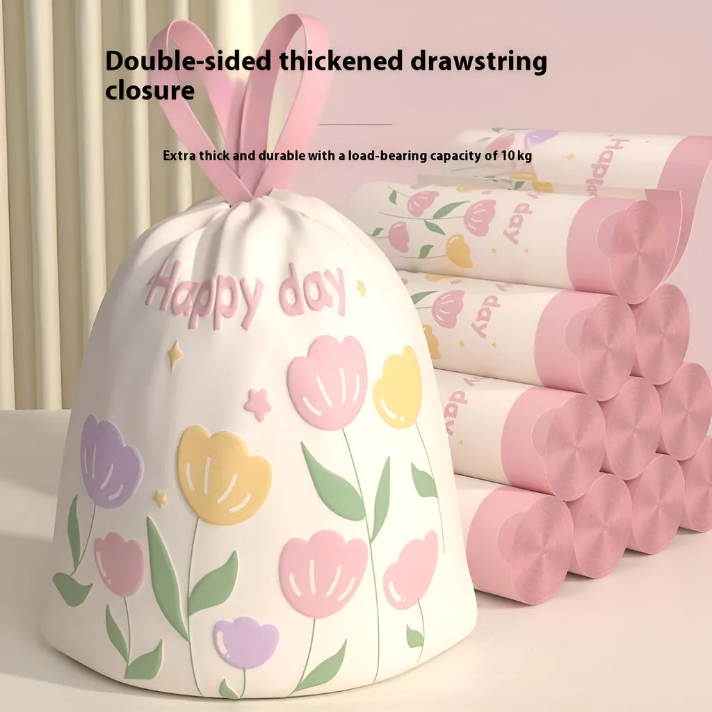 Pink degradable drawstring garbage bags with mosquito repellent properties, size 44cm by 48cm.