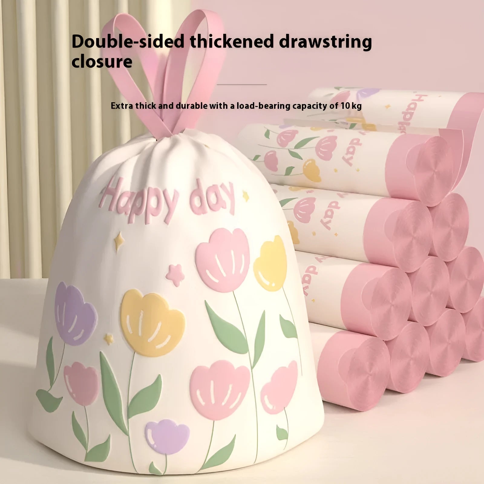 Pink degradable drawstring garbage bags with mosquito repellent properties, size 44cm by 48cm.