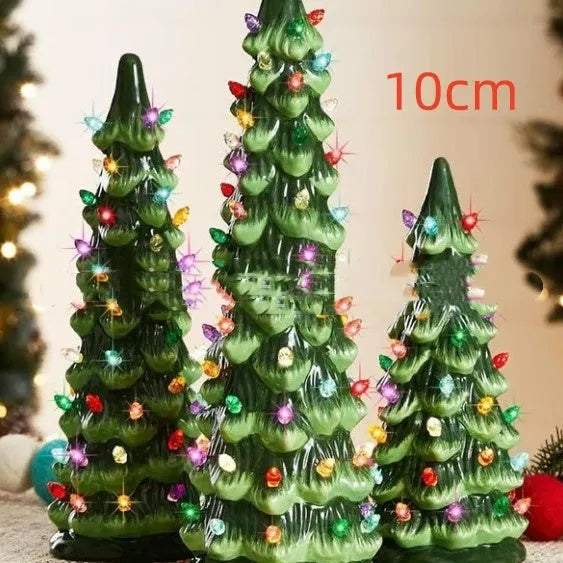 Set of European-style resin Christmas tree ornament decorations in warm and coloured light variants.