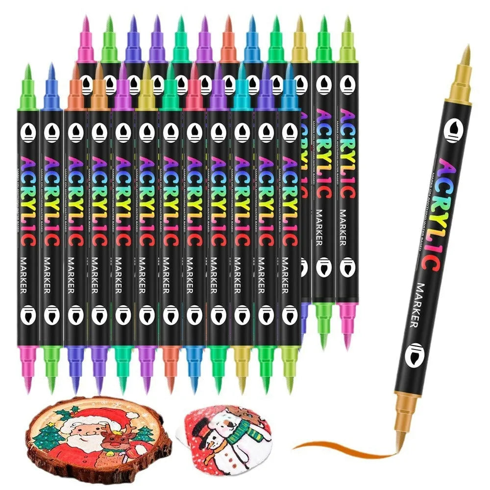 Set of double-headed acrylic marker pens showing fine and broad tips, with washable quick-dry opaque colours.