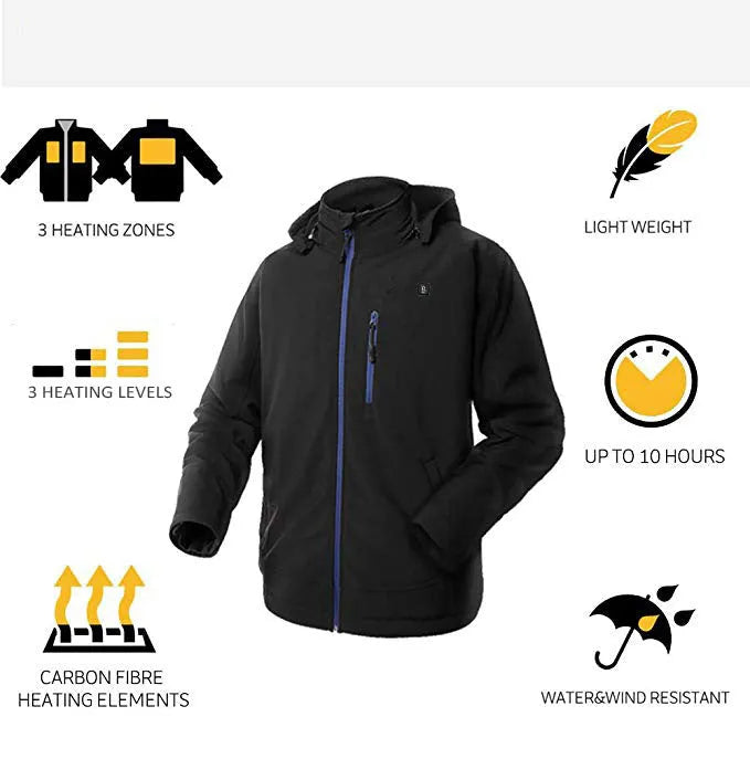 Black USB heated waterproof winter coat for men with straight hem and zipper pockets