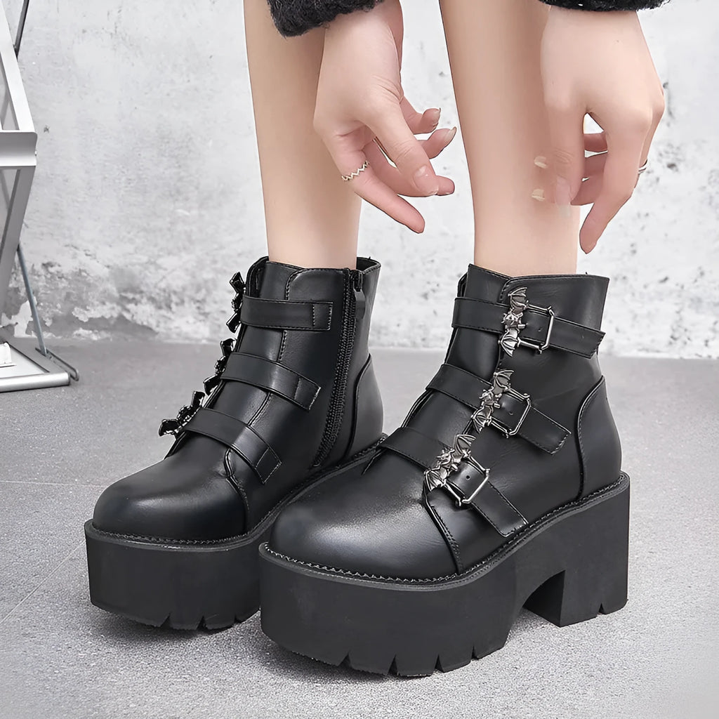 Black women's Harajuku punk gothic short boots with bat buckle, side zipper, thick heel, and round toe.