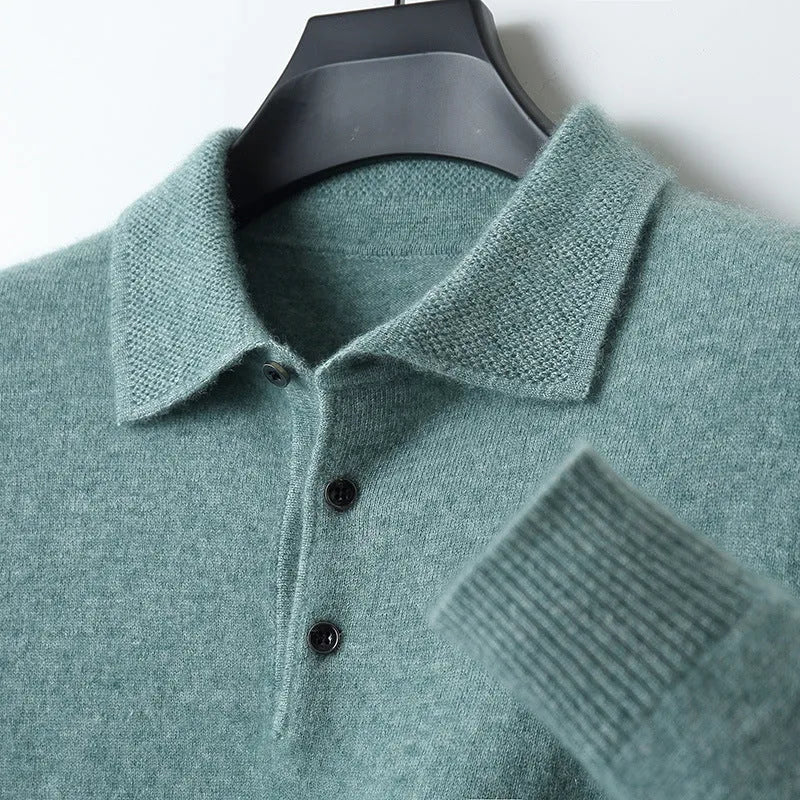 Men's grey wool pullover sweater with a polo collar and long sleeves on a hanger