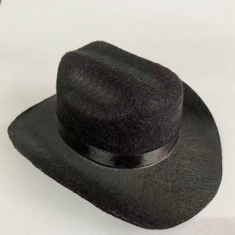 British-style non-woven fabric cowboy hat for a cat, shown in a brown colour with a black ribbon trim.