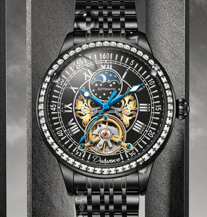 Men's stainless steel mechanical watch with round dial and transparent case back