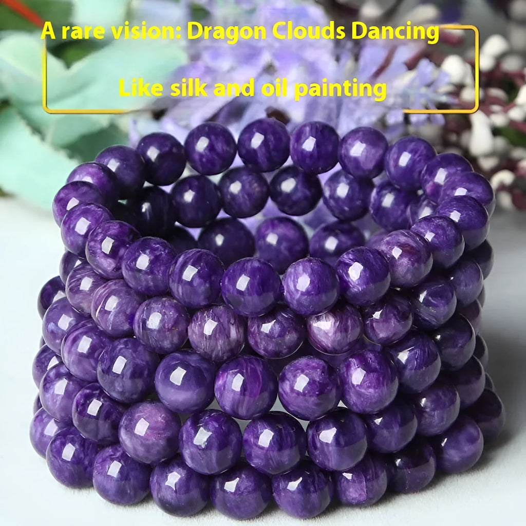 Natural purple charoite crystal bracelet with platinum tone metal chain, showing four bead size options.