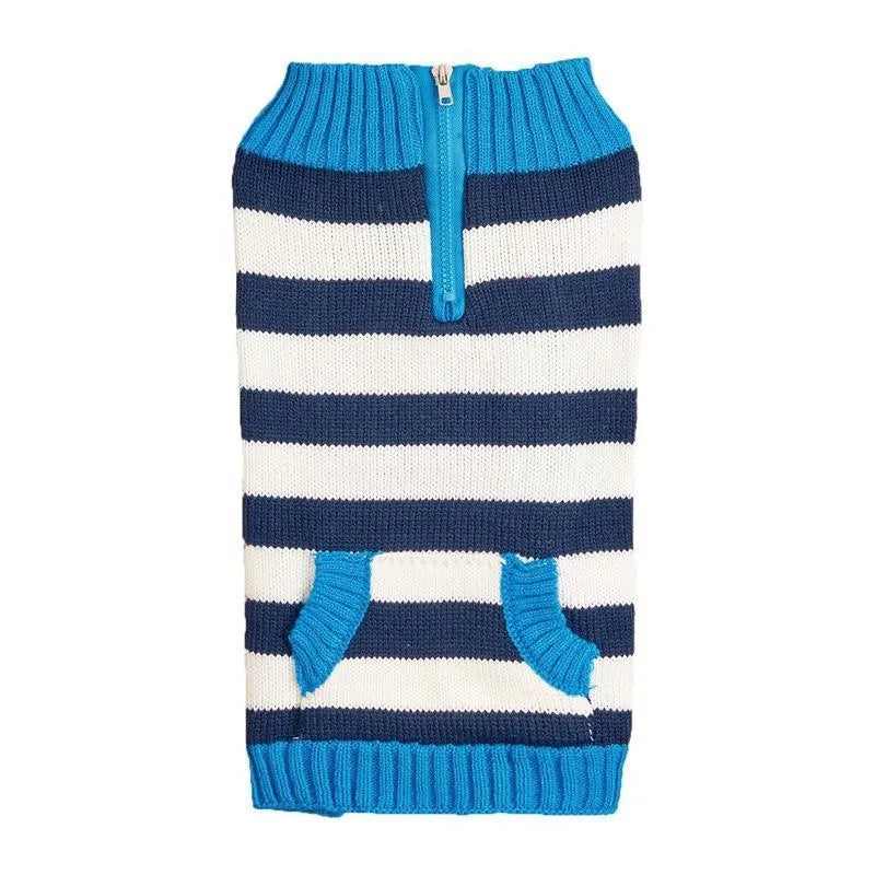 Grey dog sweater with contrast trim, horizontal front zipper, and a button pocket on a small dog.