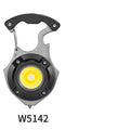 Compact multifunctional keychain torch showing COB light array, keyring, and built-in window breaker and screwdriver tools.