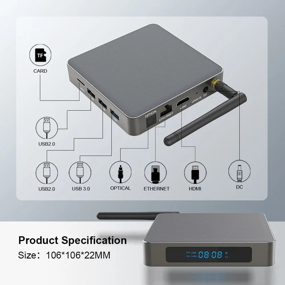 Android TV box with RK3566 processor, 8GB RAM, 8K output, Bluetooth, and HDMI connectivity
