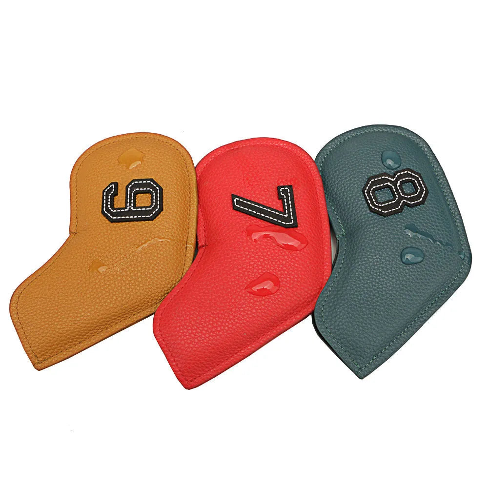 Set of 10 PU leather golf club head covers with printed ball designs for golf bag protection