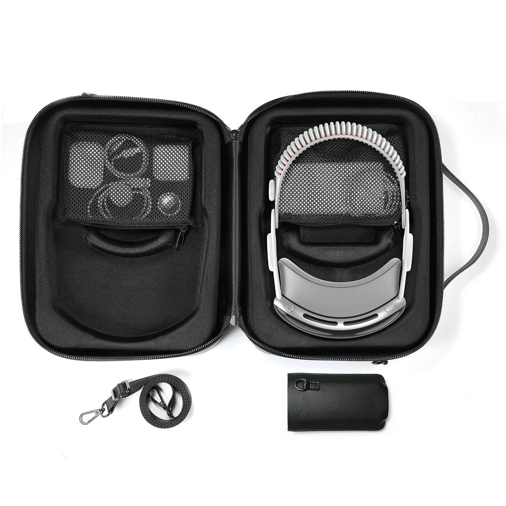 Black MR Glasses hard storage box for Apple Vision Pro headset on a table