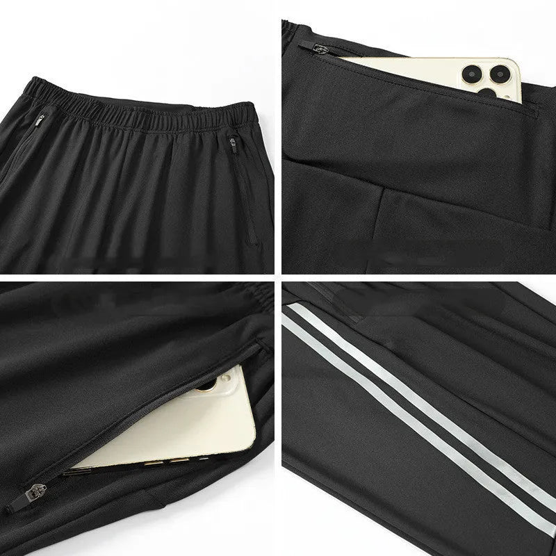 Men's black polyester running trousers with mid-waist design for exercise and sports activities