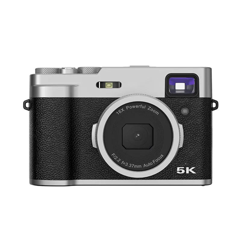 Black and brown 5K HD digital camera with front and rear lenses, optical viewfinder, and 2.88-inch screen
