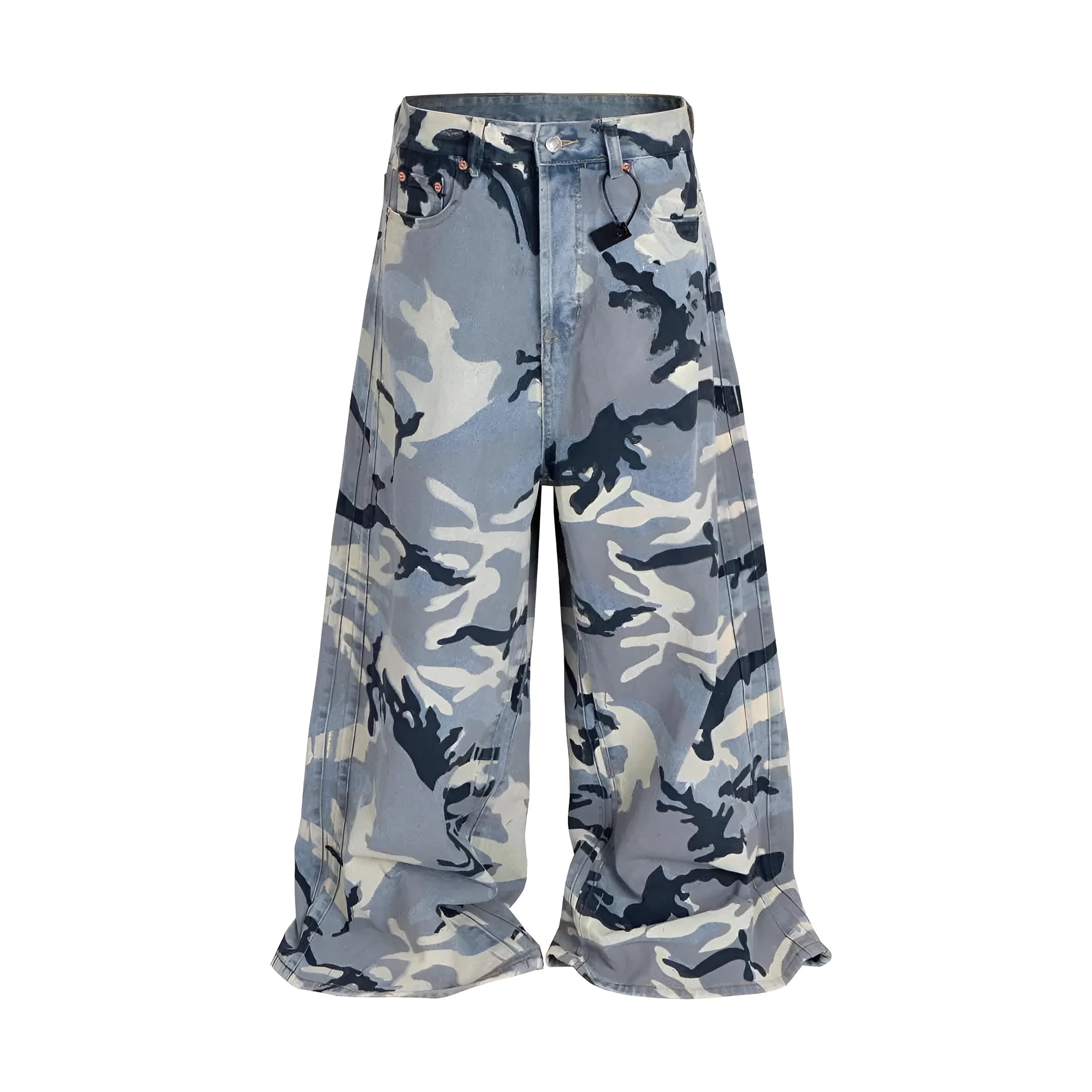 Snow camouflage blue loose fit jeans with elastic denim fabric and micro-elastic stretch