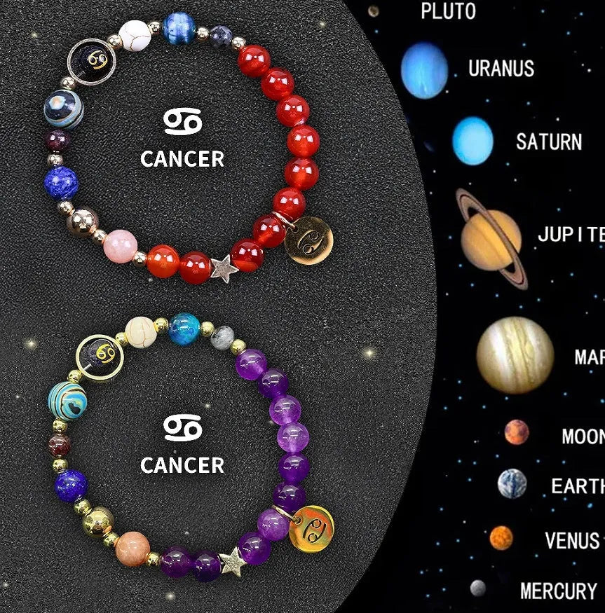 Natural stone beaded zodiac bracelet set showing twelve astrology constellation designs with adjustable cord
