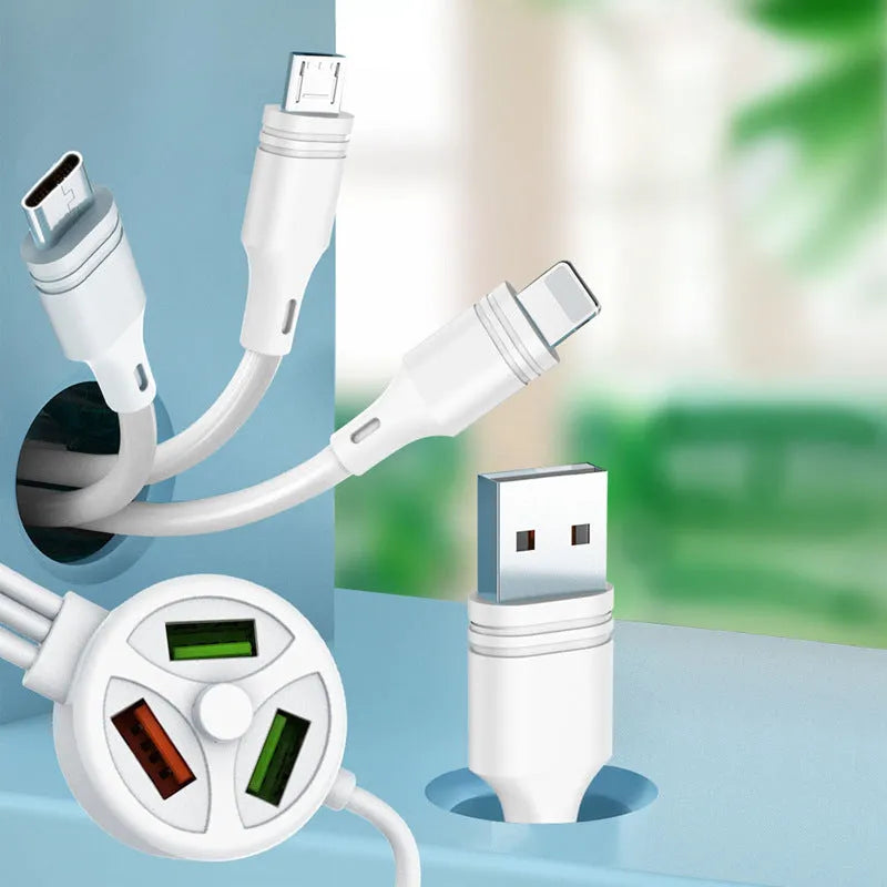 PDPVC mobile phone charging cable with USB, Mini USB, Micro USB, and TYPE-C connectors on a white background.