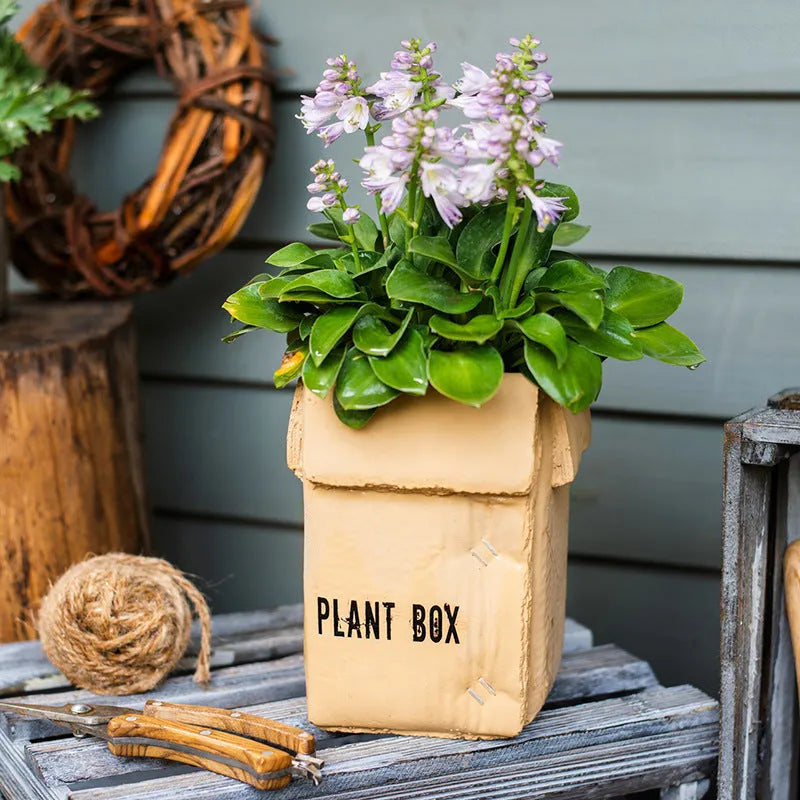 Cement flowerpot with brown paper box design featuring drainage holes